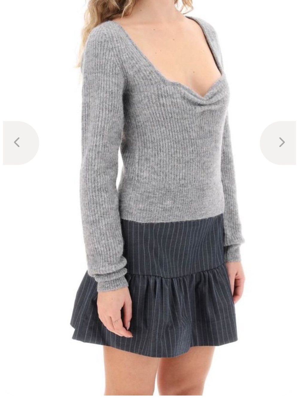 Ganni Gray V-Neck Ribbed Knit Sweater